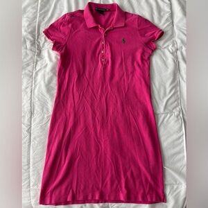 VTG Ralph Lauren Sport Iconic Polo Mini Dress Sz M Pink Green Pony Collared